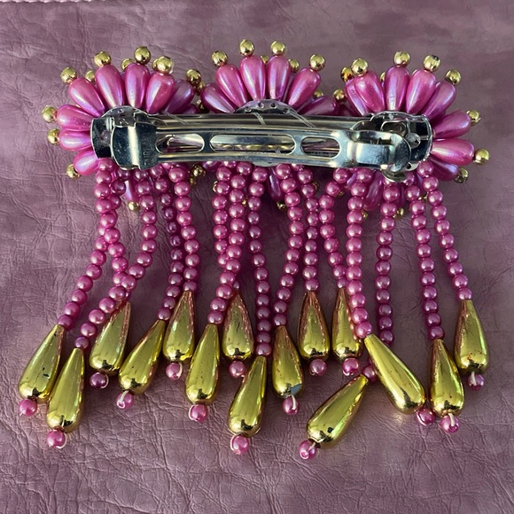 Pink And Gold Floral Faux Pearl Waterfall Beaded Hair Clip Bridal Prom Vintage - Picture 5 of 5